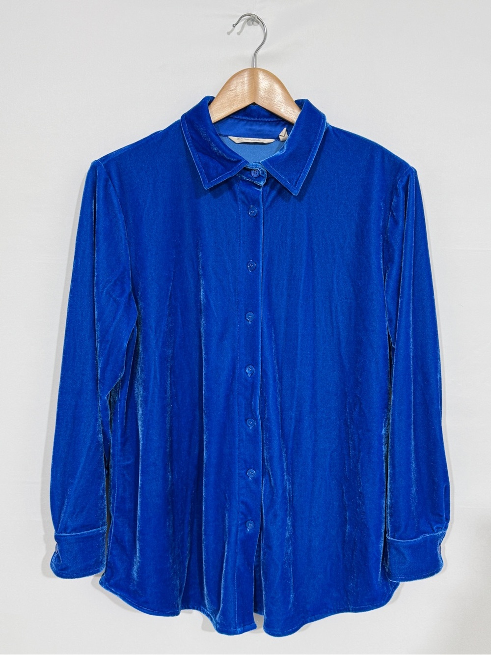 WSH103 {Soft Surroundings} Petite Blue Velvet Velour Button Down Shirt Top